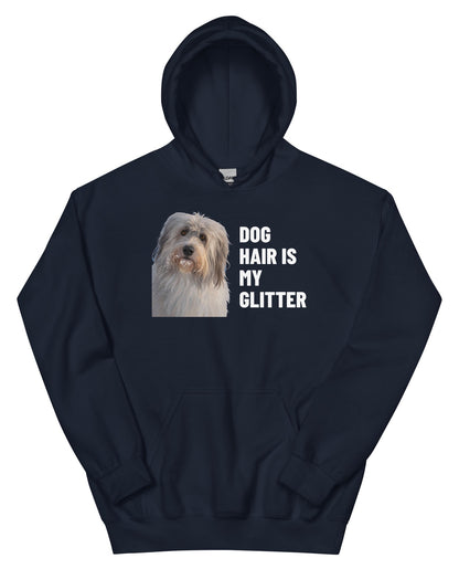 Dog Hair Is My Glitter Custom Pet Hoodie (Navy), Gandalf the Sheepdog: front view. [ks Colour=Navy; kind=product]