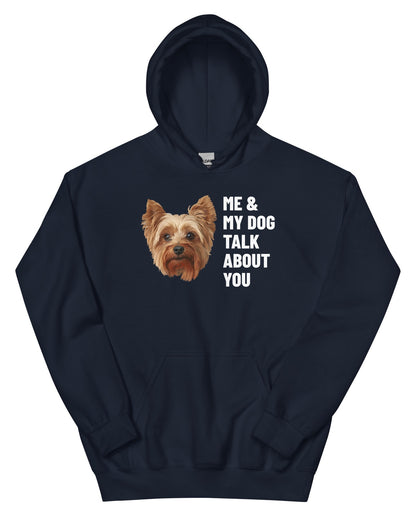 Me & My Dog Talk About You Custom Pet Hoodie (Navy), Gizmo the Yorkshire Terrier: front view. [ks Colour=Navy; kind=product]