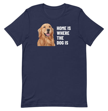 Home Is Where The Dog Is Custom Pet T-Shirt (Navy), Cooper the Golden Retriever: front view. [ks Colour=Navy; kind=product]