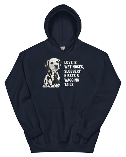 Love Is Wet Noses, Slobbery Kisses & Wagging Tails Custom Pet Hoodie (Navy), Dotty the Dalmatian: front view. [ks Colour=Navy; kind=product]