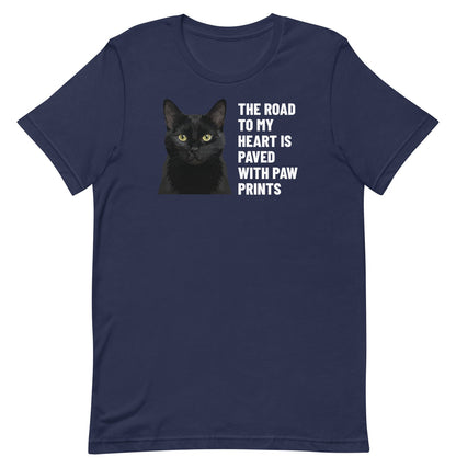 The Road To My Heart Is Paved With Paw Prints Custom Pet T-Shirt (Navy), Olive the black cat: front view. [ks Colour=Navy; kind=product]