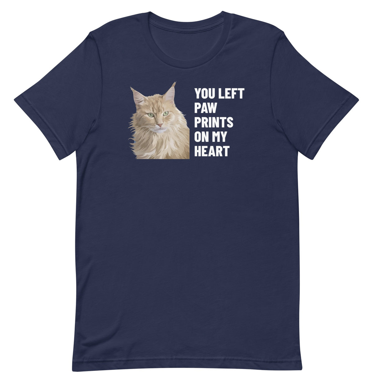 You Left Paw Prints On My Heart Custom Pet T-Shirt (Navy), Caramel the Maine Coon cat: front view. [ks Colour=Navy; kind=product]