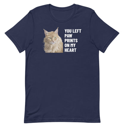 You Left Paw Prints On My Heart Custom Pet T-Shirt (Navy), Caramel the Maine Coon cat: front view. [ks Colour=Navy; kind=product]