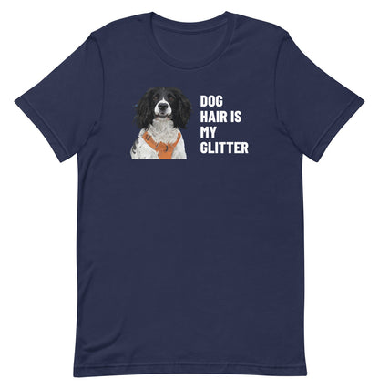 Dog Hair Is My Glitter Custom Pet T-Shirt (Navy), Roscoe the English Springer Spaniel: front view. [ks Colour=Navy; kind=product]