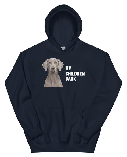 My Children Bark Custom Pet Hoodie (Navy), Pewter the Weimaraner: front view. [ks Colour=Navy; kind=product]