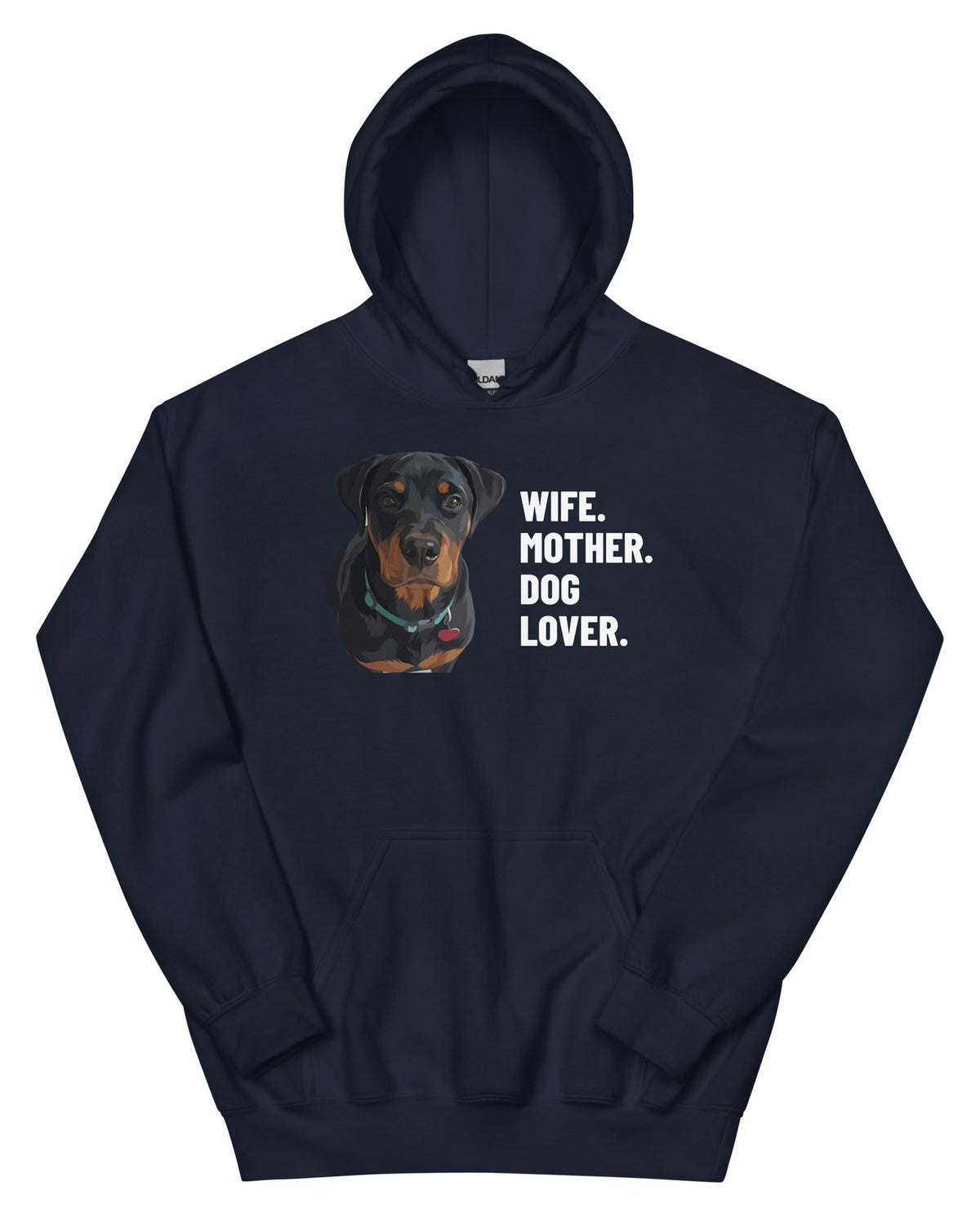 Wife. Mother. Dog Lover. Custom Pet Hoodie (Navy), Thor the Rottweiler: front view. [ks Colour=Navy; kind=product]