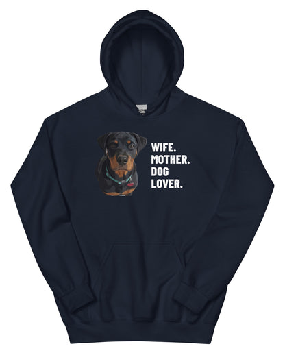 Wife. Mother. Dog Lover. Custom Pet Hoodie (Navy), Thor the Rottweiler: front view. [ks Colour=Navy; kind=product]