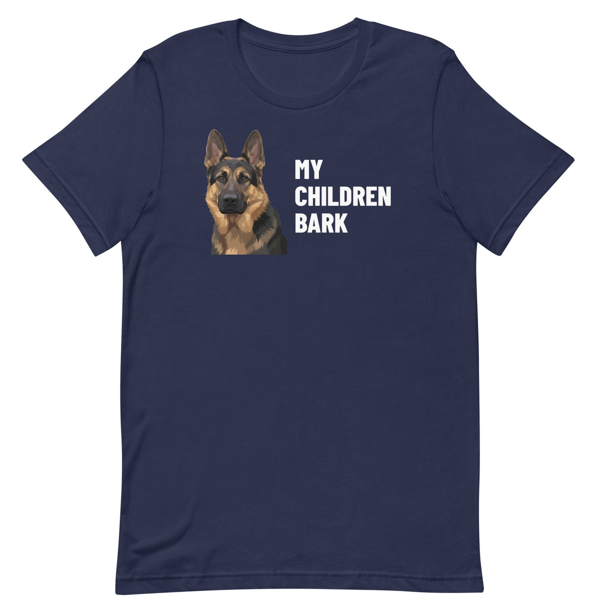 My Children Bark Custom Pet T-Shirt (Navy), Max the German Shepherd: front view. [ks Colour=Navy; kind=product]
