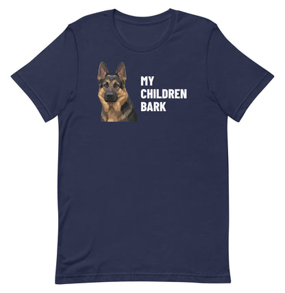 My Children Bark Custom Pet T-Shirt (Navy), Max the German Shepherd: front view. [ks Colour=Navy; kind=product]
