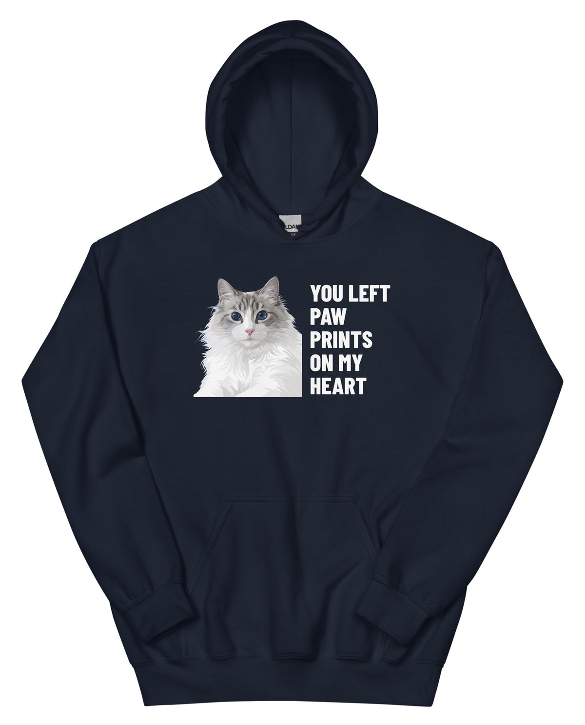 You Left Paw Prints On My Heart Custom Pet Hoodie (Navy), Cloud the Ragdoll cat: front view. [ks Colour=Navy; kind=product]