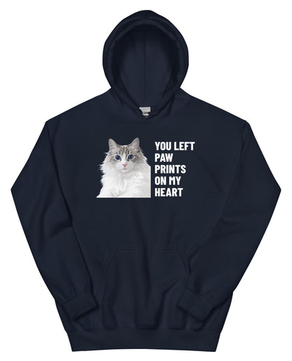 You Left Paw Prints On My Heart Custom Pet Hoodie (Navy), Cloud the Ragdoll cat: front view. [ks Colour=Navy; kind=product]