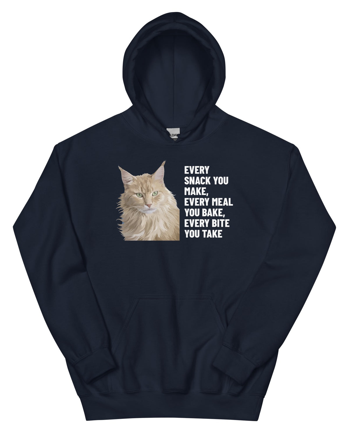 Every Snack You Make, Every Meal You Bake, Every Bite You Take Custom Pet Hoodie (Navy), Caramel the Maine Coon cat: front view. [ks Colour=Navy; kind=product]