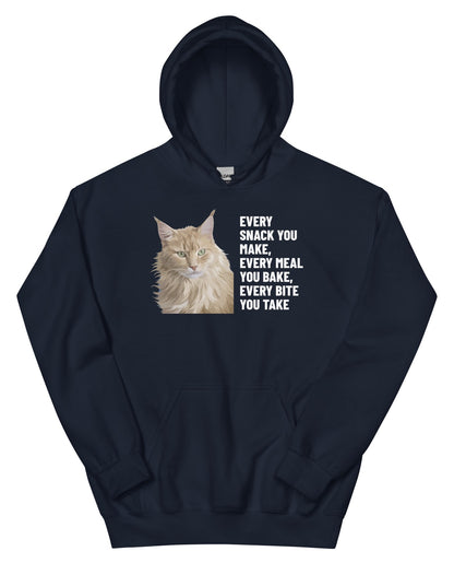 Every Snack You Make, Every Meal You Bake, Every Bite You Take Custom Pet Hoodie (Navy), Caramel the Maine Coon cat: front view. [ks Colour=Navy; kind=product]