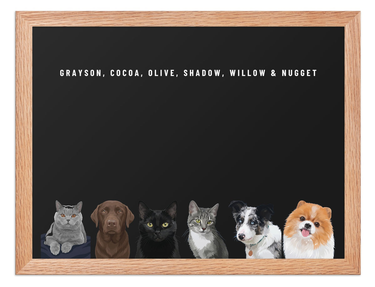 Custom Six Pet Portrait Framed Print (Oak): Grayson the British Shorthair cat & Cocoa the chocolate Labrador & Olive the black cat & Shadow the grey tabby cat & Willow the Border Collie & Nugget the Pomeranian on a Obsidian background. [ks Frame=Oak; Background=Obsidian]