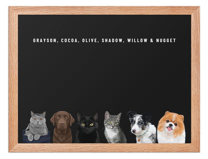 Custom Six Pet Portrait Framed Print (Oak): Grayson the British Shorthair cat & Cocoa the chocolate Labrador & Olive the black cat & Shadow the grey tabby cat & Willow the Border Collie & Nugget the Pomeranian on a Obsidian background. [ks Frame=Oak; Background=Obsidian]