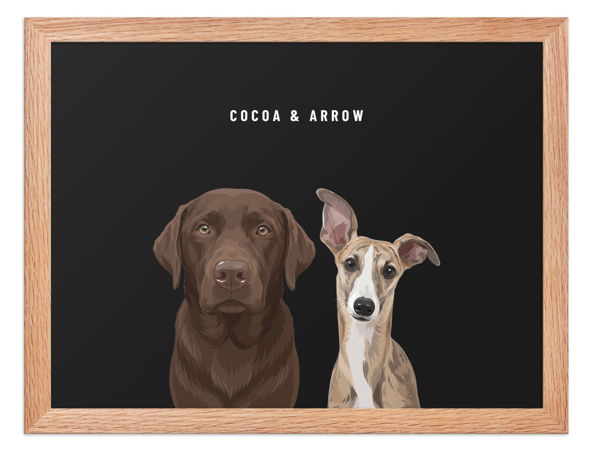 Custom Two Pet Portrait Framed Print (Oak): Cocoa the chocolate Labrador & Arrow the Whippet on a Obsidian background. [ks Frame=Oak; Background=Obsidian]