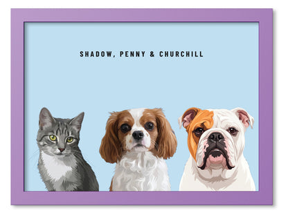 Custom Three Pet Portrait Coloured Frame Print (Lilac): Shadow the grey tabby cat & Penny the Cavalier King Charles Spaniel & Churchill the English Bulldog on a Sky background. [ks Frame Colour=Lilac; Background=Sky]