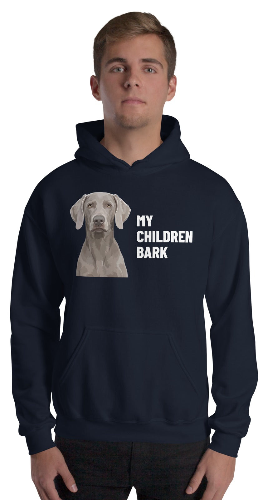 My Children Bark Custom Pet Hoodie (Navy), Pewter the Weimaraner: worn by a model. [ks Colour=Navy; kind=product]