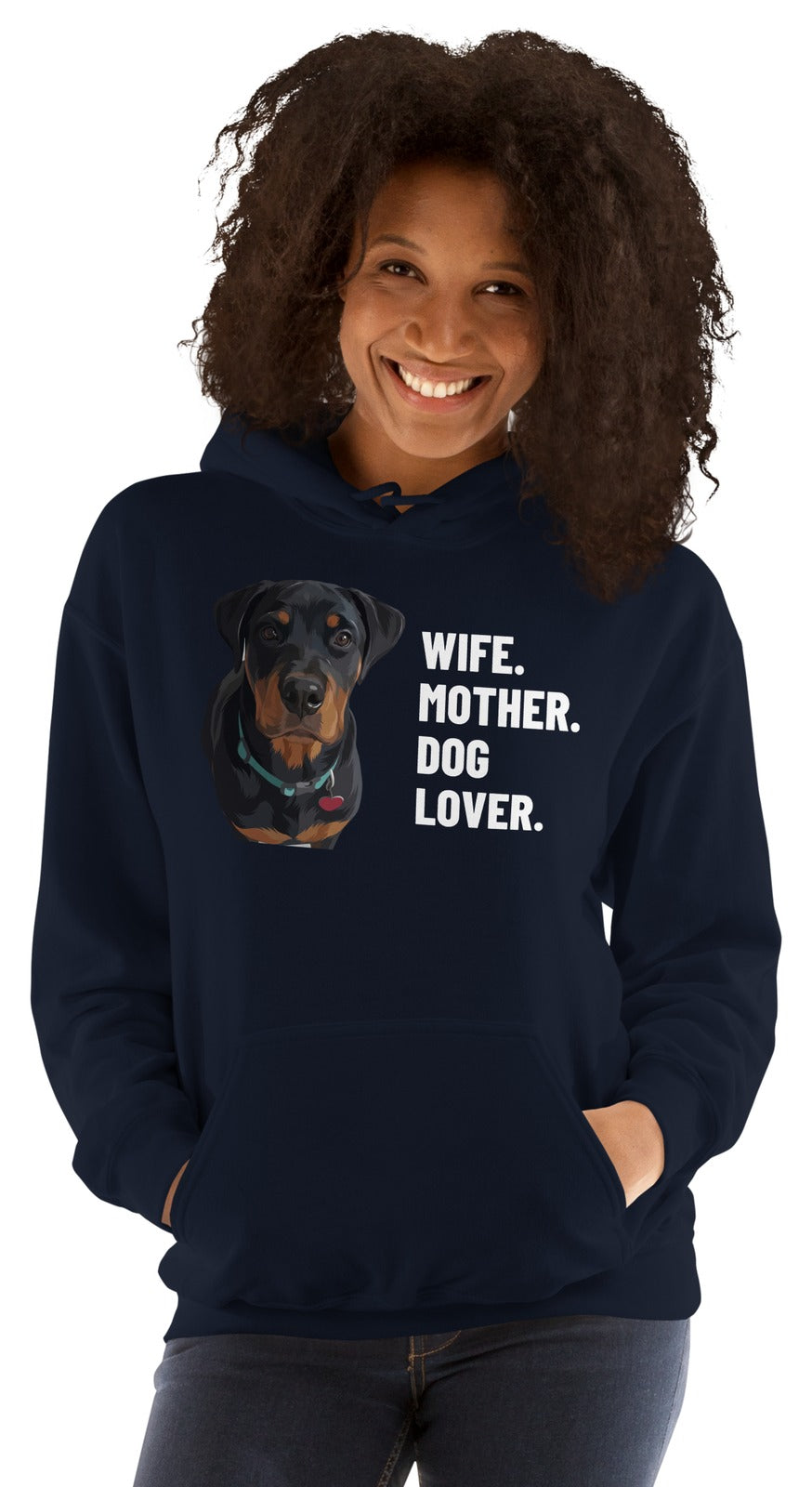 Wife. Mother. Dog Lover. Custom Pet Hoodie (Navy), Thor the Rottweiler: worn by a model. [ks Colour=Navy; kind=product]