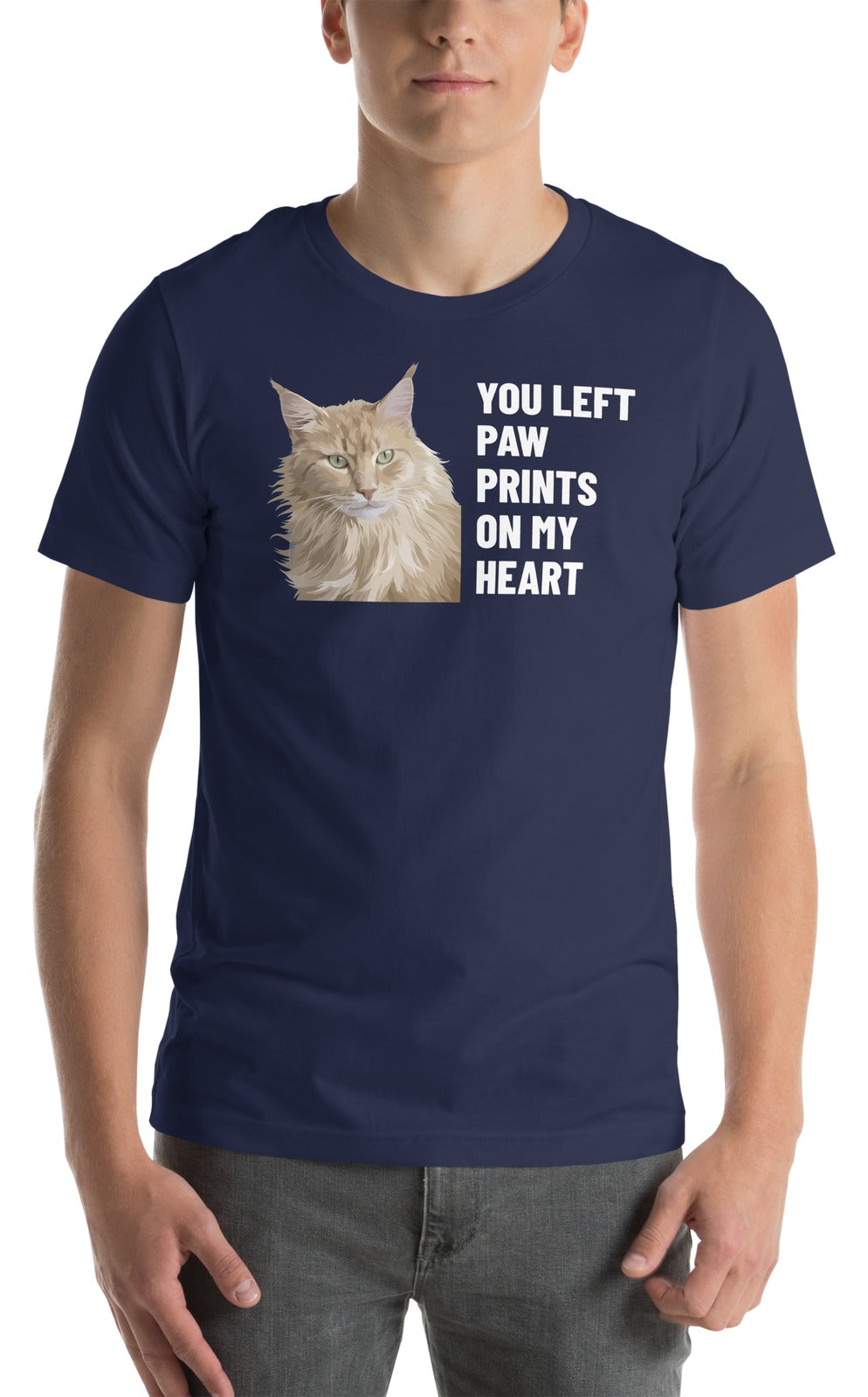 You Left Paw Prints On My Heart Custom Pet T-Shirt (Navy), Caramel the Maine Coon cat: worn by a model. [ks Colour=Navy; kind=product]