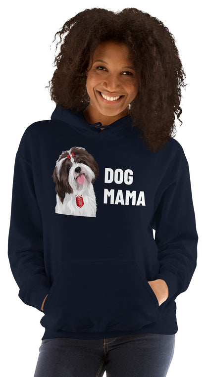 Dog Mama Custom Pet Hoodie (Navy), Pippin the Shih Tzu: worn by a model. [ks Colour=Navy; kind=product]