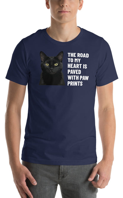 The Road To My Heart Is Paved With Paw Prints Custom Pet T-Shirt (Navy), Olive the black cat: worn by a model. [ks Colour=Navy; kind=product]