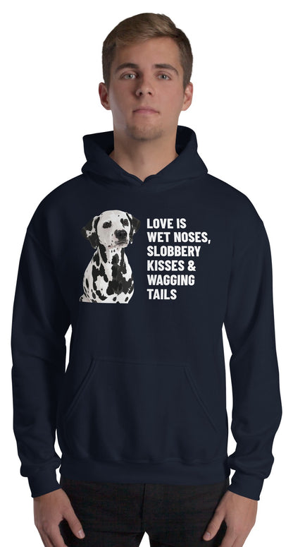 Love Is Wet Noses, Slobbery Kisses & Wagging Tails Custom Pet Hoodie (Navy), Dotty the Dalmatian: worn by a model. [ks Colour=Navy; kind=product]