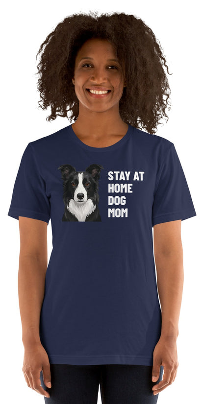 Stay At Home Dog Mom Custom Pet T-Shirt (Navy), Oreo the Border Collie: worn by a model. [ks Colour=Navy; kind=product]