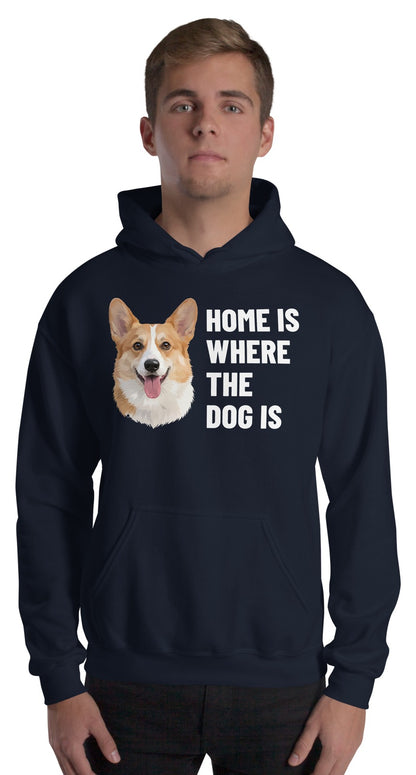 Home Is Where The Dog Is Custom Pet Hoodie (Navy), Bailey the Pembroke Welsh Corgi: worn by a model. [ks Colour=Navy; kind=product]