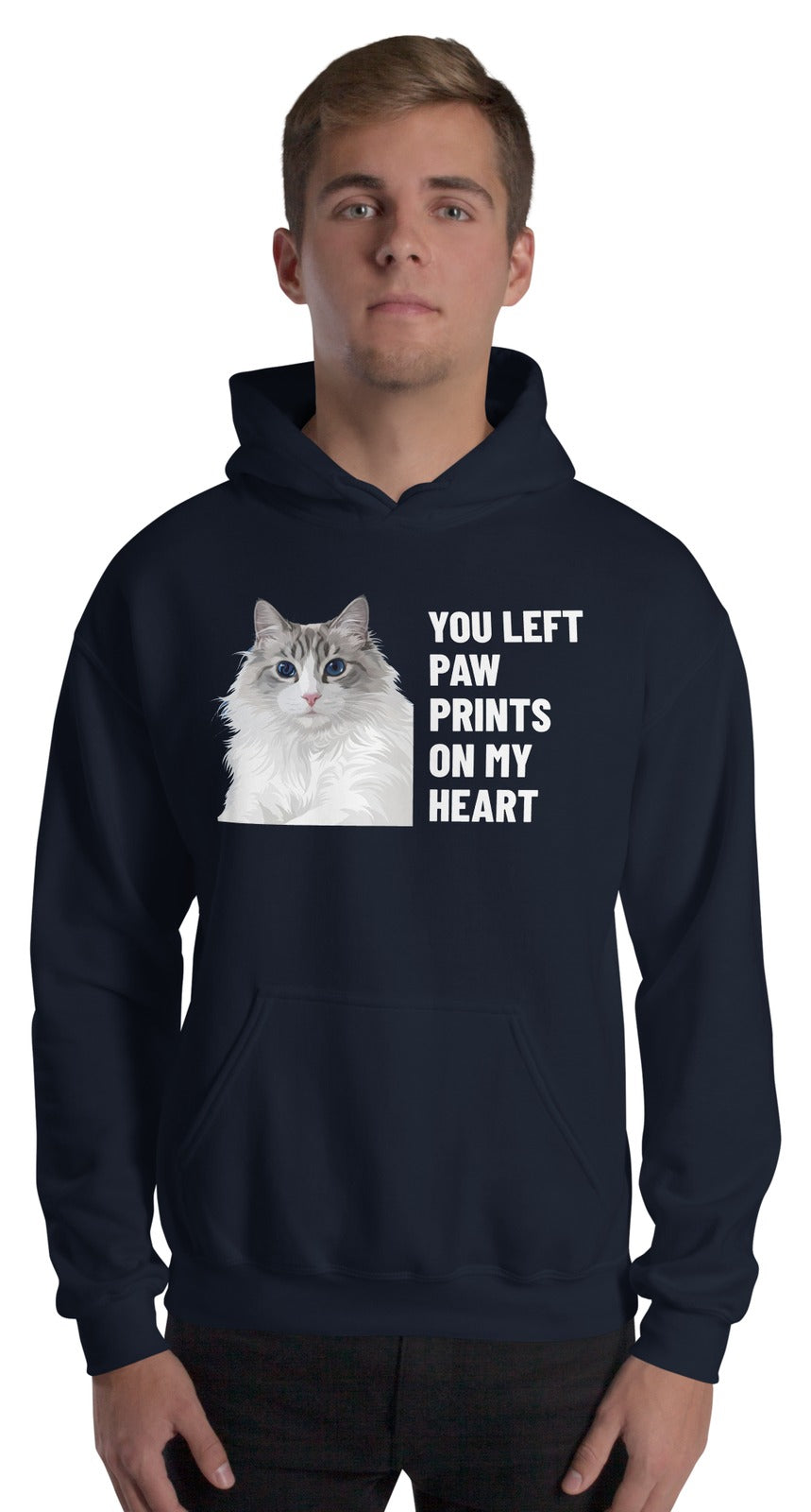You Left Paw Prints On My Heart Custom Pet Hoodie (Navy), Cloud the Ragdoll cat: worn by a model. [ks Colour=Navy; kind=product]