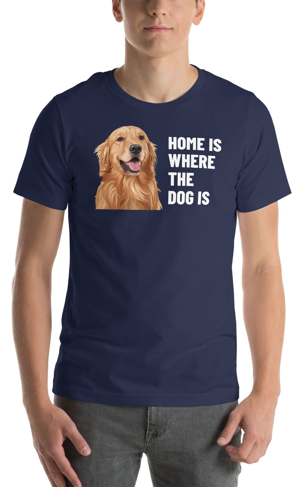 Home Is Where The Dog Is Custom Pet T-Shirt (Navy), Cooper the Golden Retriever: worn by a model. [ks Colour=Navy; kind=product]