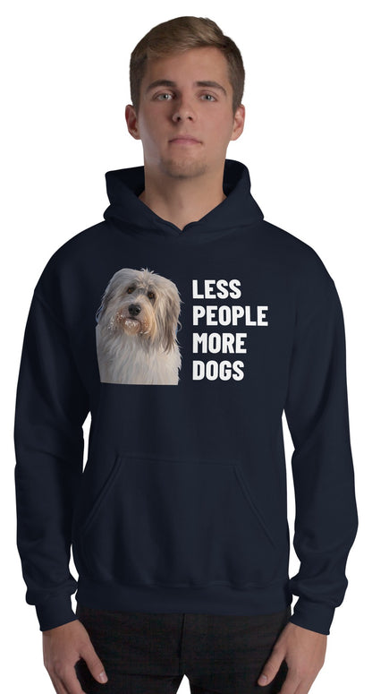 Less People More Dogs Custom Pet Hoodie (Navy), Gandalf the Sheepdog: worn by a model. [ks Colour=Navy; kind=product]