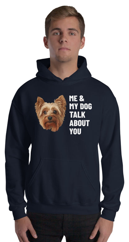 Me & My Dog Talk About You Custom Pet Hoodie (Navy), Gizmo the Yorkshire Terrier: worn by a model. [ks Colour=Navy; kind=product]