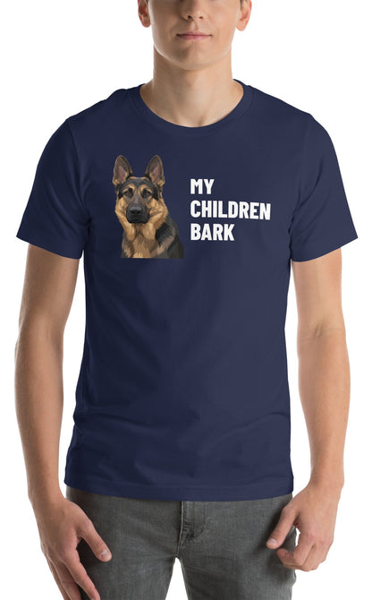 My Children Bark Custom Pet T-Shirt (Navy), Max the German Shepherd: worn by a model. [ks Colour=Navy; kind=product]