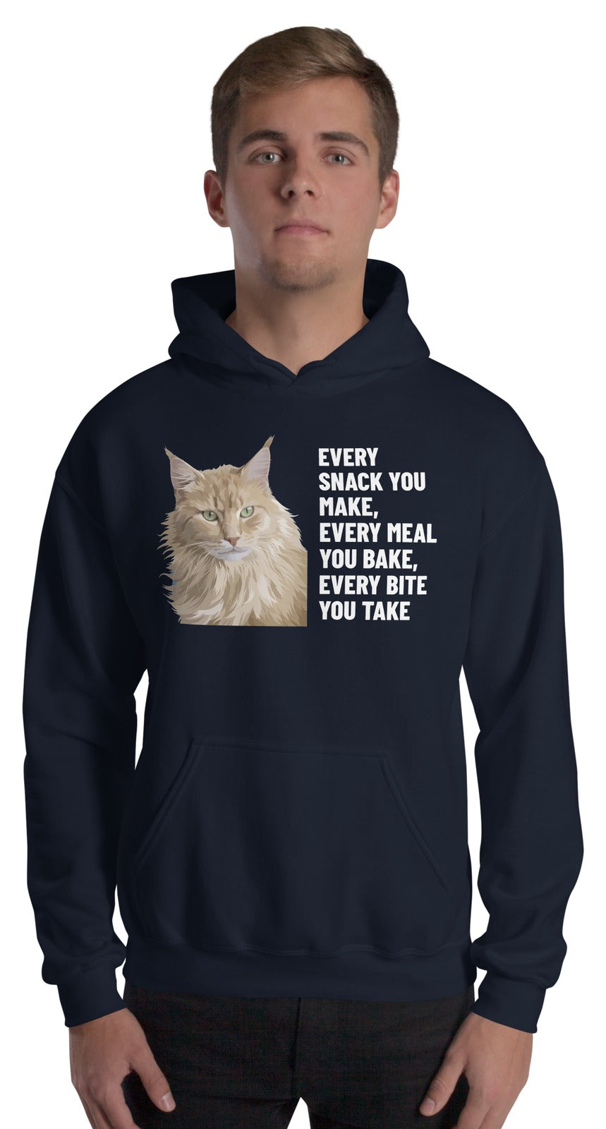 Every Snack You Make, Every Meal You Bake, Every Bite You Take Custom Pet Hoodie (Navy), Caramel the Maine Coon cat: worn by a model. [ks Colour=Navy; kind=product]