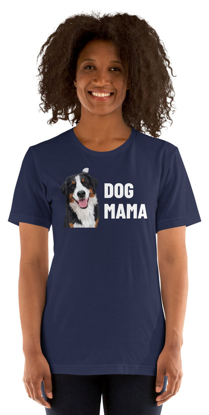 Dog Mama Custom Pet T-Shirt (Navy), Bear the Bernese Mountain Dog: worn by a model. [ks Colour=Navy; kind=product]