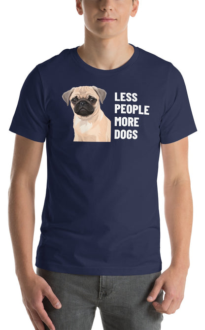 Less People More Dogs Custom Pet T-Shirt (Navy), Waffles the Pug: worn by a model. [ks Colour=Navy; kind=product]