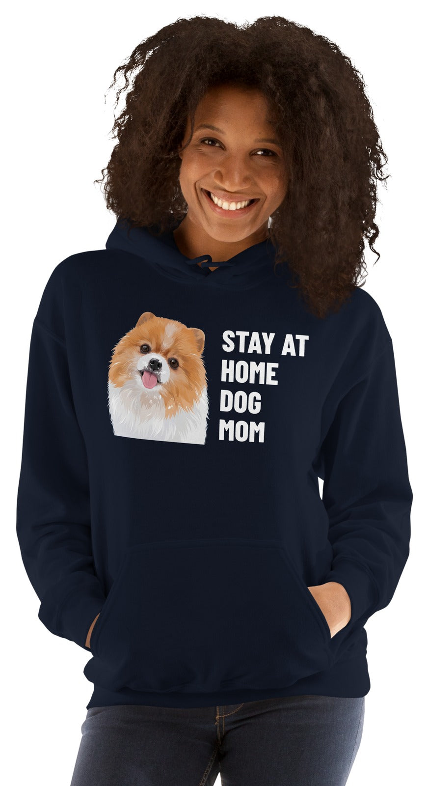 Stay At Home Dog Mom Custom Pet Hoodie (Navy), Nugget the Pomeranian: worn by a model. [ks Colour=Navy; kind=product]