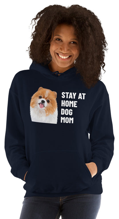 Stay At Home Dog Mom Custom Pet Hoodie (Navy), Nugget the Pomeranian: worn by a model. [ks Colour=Navy; kind=product]