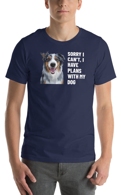 Sorry I Can't, I Have Plans With My Dog Custom Pet T-Shirt (Navy), Storm the Australian Shepherd: worn by a model. [ks Colour=Navy; kind=product]