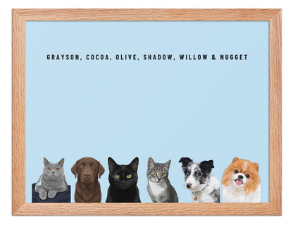 Custom Six Pet Portrait Framed Print (Oak): Grayson the British Shorthair cat & Cocoa the chocolate Labrador & Olive the black cat & Shadow the grey tabby cat & Willow the Border Collie & Nugget the Pomeranian on a Sky background. [ks Frame=Oak; Background=Sky]