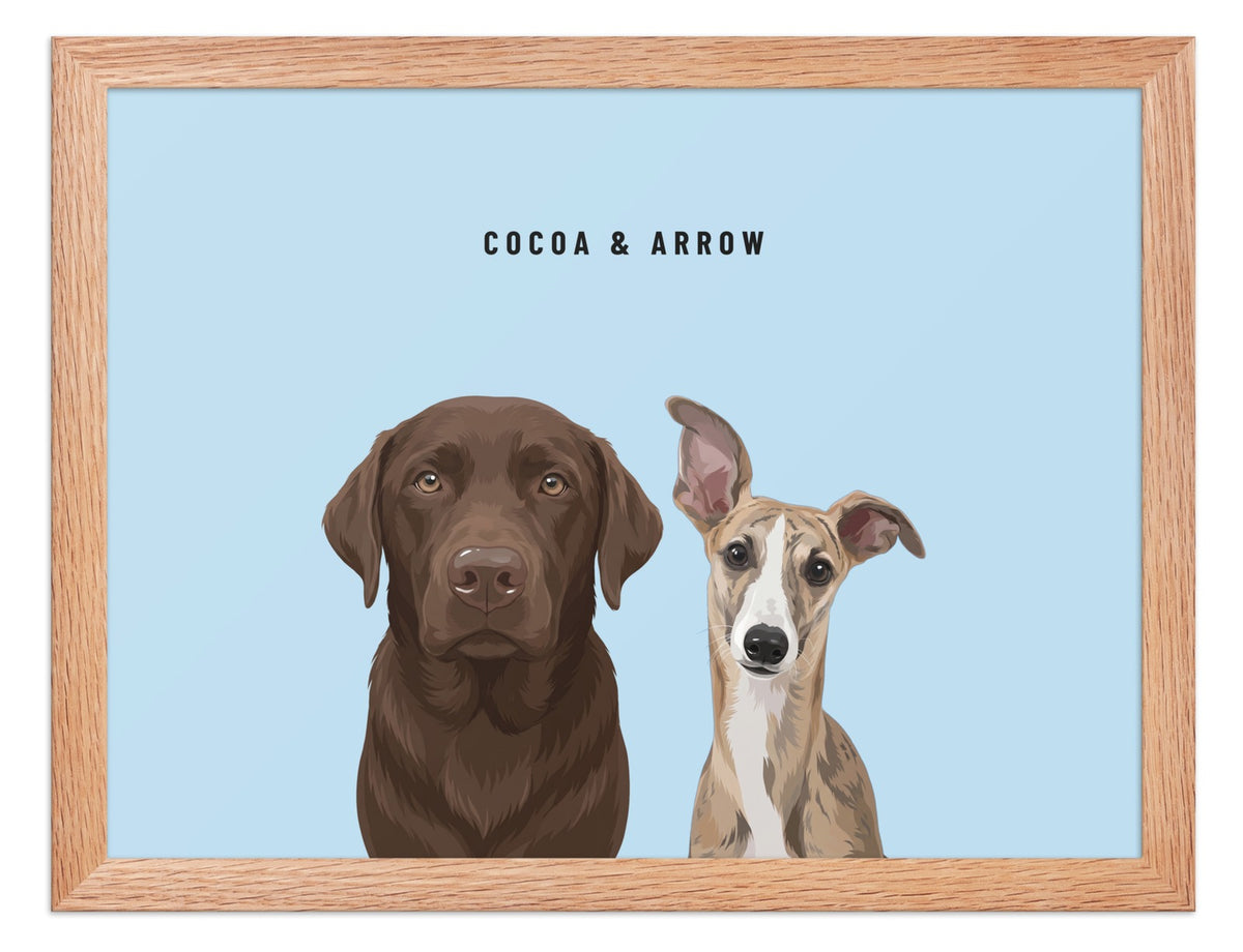 Custom Two Pet Portrait Framed Print (Oak): Cocoa the chocolate Labrador & Arrow the Whippet on a Sky background. [ks Frame=Oak; Background=Sky]