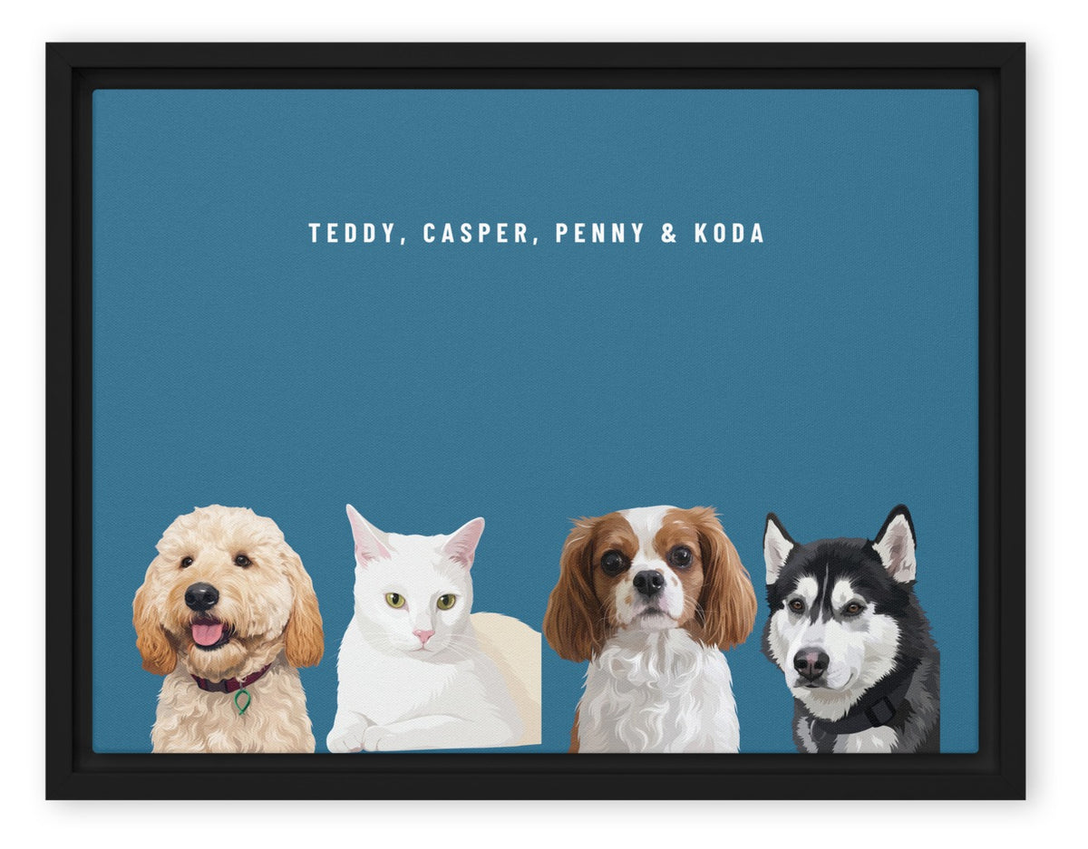 Custom Four Pet Portrait Canvas (Black Framed Canvas): Teddy the Goldendoodle & Casper the white cat & Penny the Cavalier King Charles Spaniel & Koda the Siberian Husky on a Ocean background. [ks Style=Black Framed Canvas; Background=Ocean]