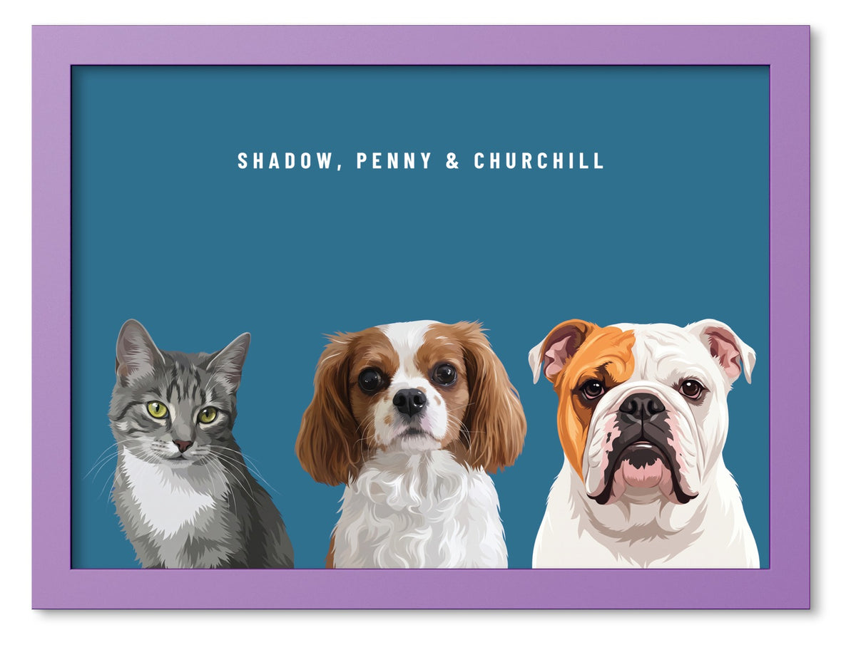 Custom Three Pet Portrait Coloured Frame Print (Lilac): Shadow the grey tabby cat & Penny the Cavalier King Charles Spaniel & Churchill the English Bulldog on a Ocean background. [ks Frame Colour=Lilac; Background=Ocean]