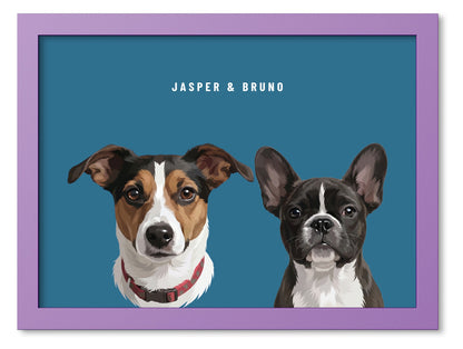 Custom Two Pet Portrait Coloured Frame Print (Lilac): Jasper the Jack Russell Terrier & Bruno the French Bulldog on a Ocean background. [ks Frame Colour=Lilac; Background=Ocean]
