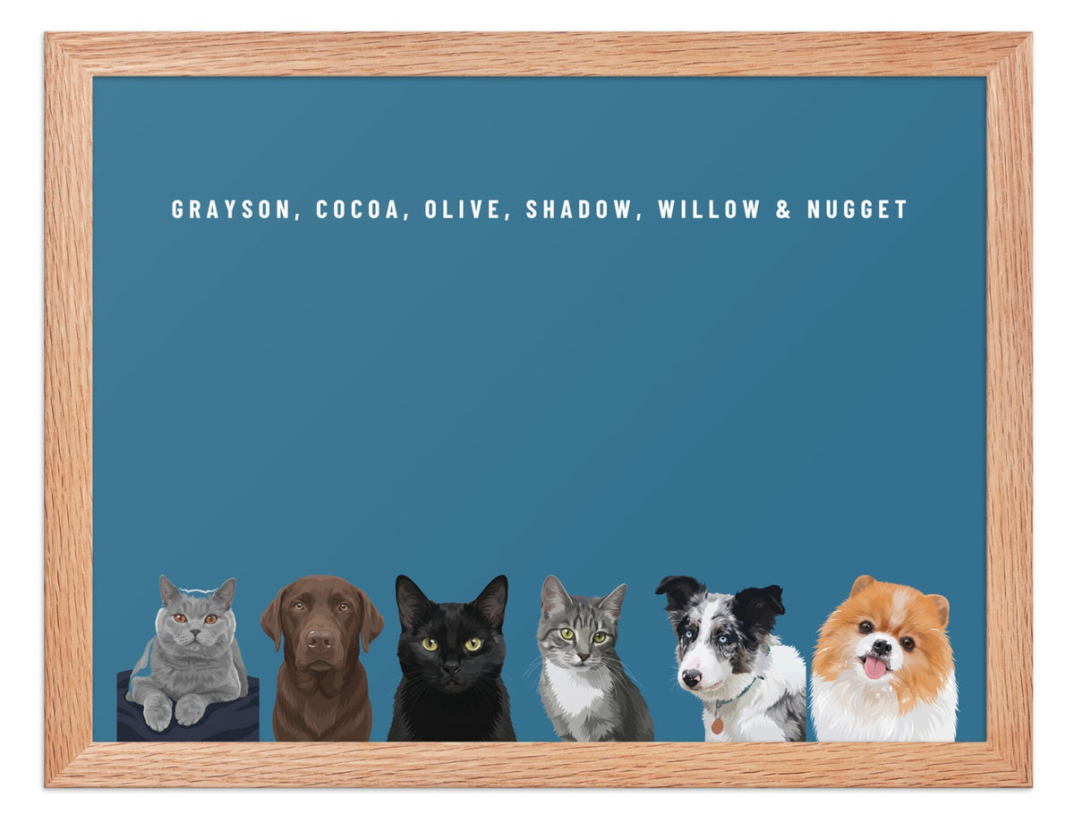 Custom Six Pet Portrait Framed Print (Oak): Grayson the British Shorthair cat & Cocoa the chocolate Labrador & Olive the black cat & Shadow the grey tabby cat & Willow the Border Collie & Nugget the Pomeranian on a Ocean background. [ks Frame=Oak; Background=Ocean]