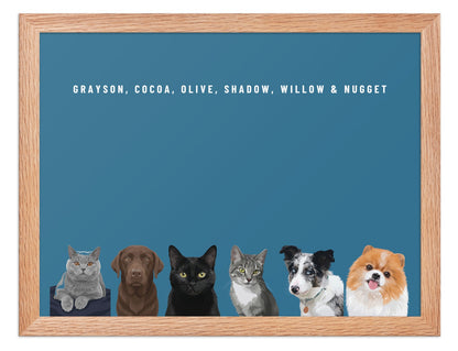 Custom Six Pet Portrait Framed Print (Oak): Grayson the British Shorthair cat & Cocoa the chocolate Labrador & Olive the black cat & Shadow the grey tabby cat & Willow the Border Collie & Nugget the Pomeranian on a Ocean background. [ks Frame=Oak; Background=Ocean]