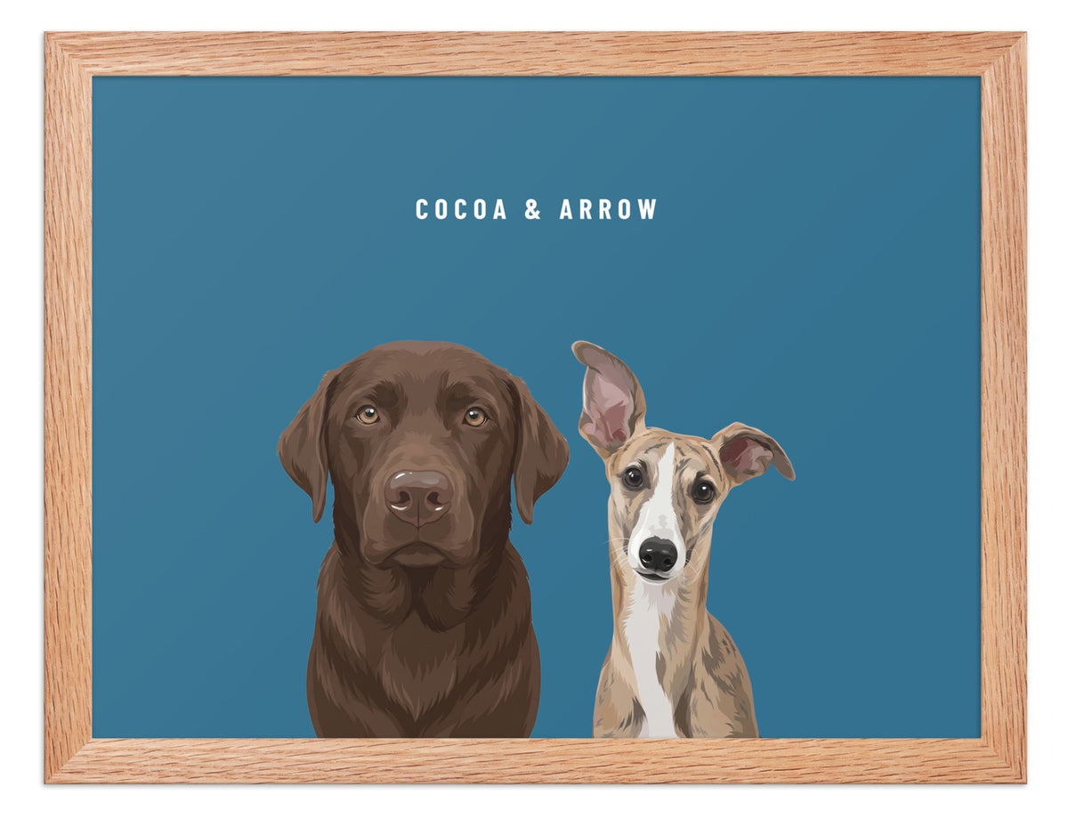 Custom Two Pet Portrait Framed Print (Oak): Cocoa the chocolate Labrador & Arrow the Whippet on a Ocean background. [ks Frame=Oak; Background=Ocean]