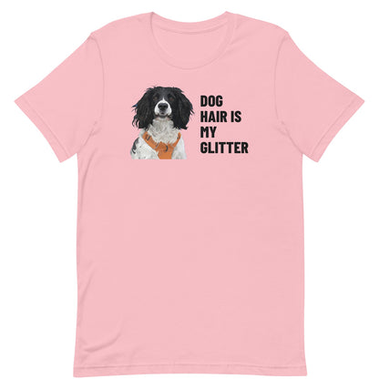 Dog Hair Is My Glitter Custom Pet T-Shirt (Pink), Roscoe the English Springer Spaniel: front view. [ks Colour=Pink; kind=product]