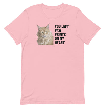 You Left Paw Prints On My Heart Custom Pet T-Shirt (Pink), Caramel the Maine Coon cat: front view. [ks Colour=Pink; kind=product]